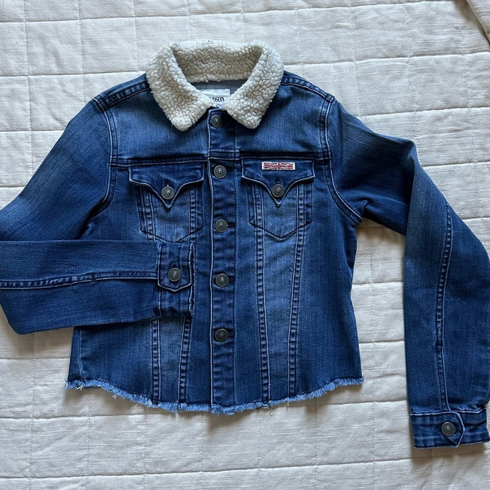 Hudson Big Girls Blue Denim Jacket with Sherpa Collar Medium